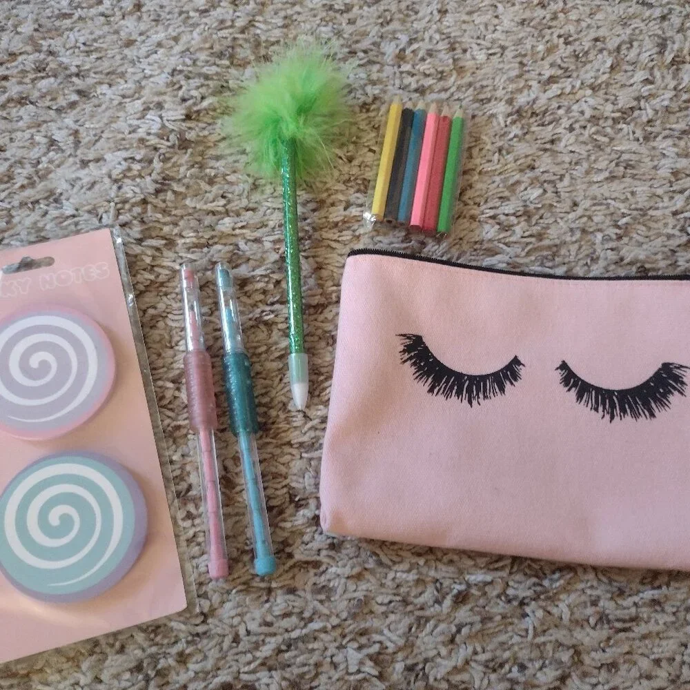 NEW lot of 6 school supplies - pencil case, sticky notes, pens, pencils